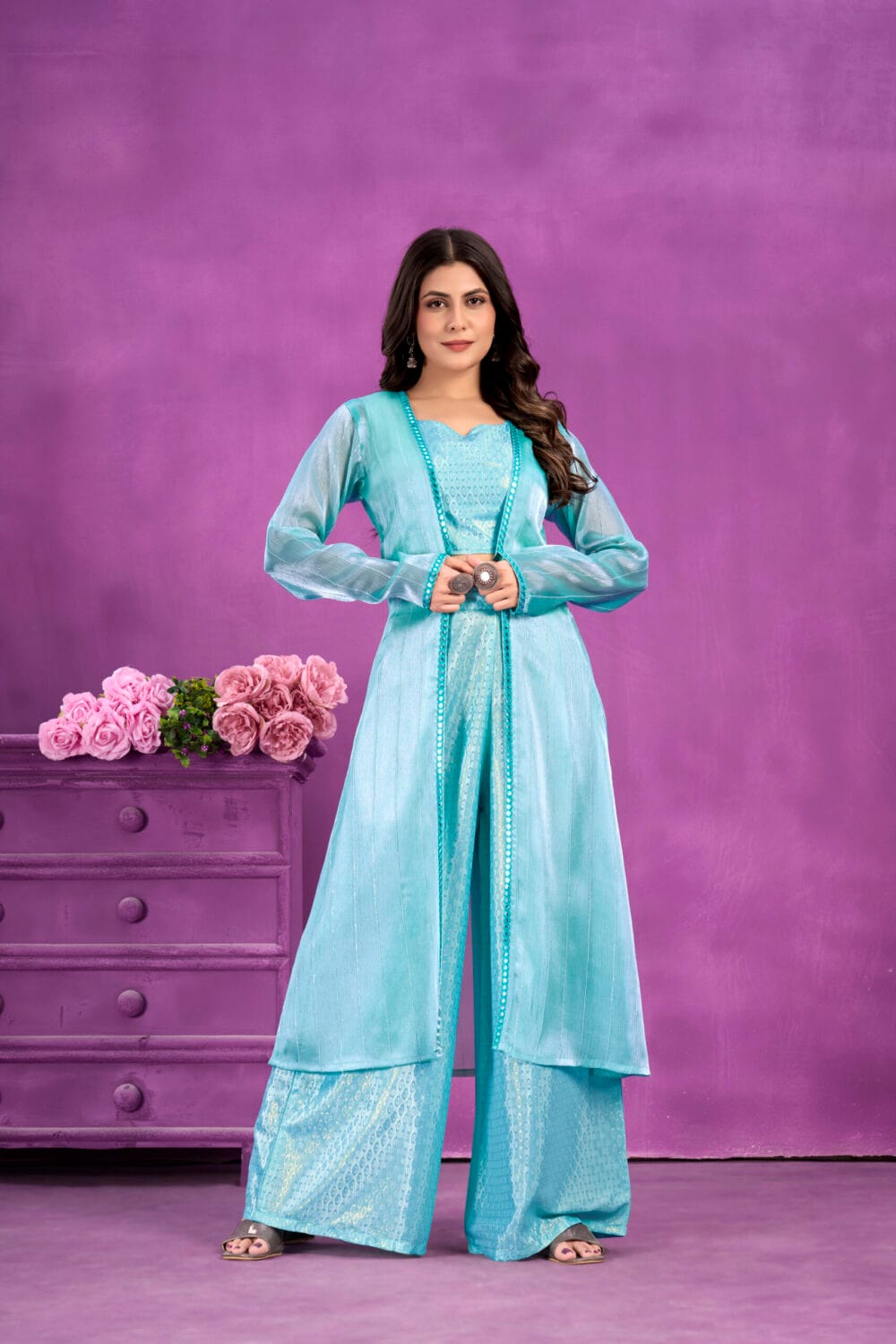 soft silk top Plazzo and Shrug 3 piece Set for Women (1244)