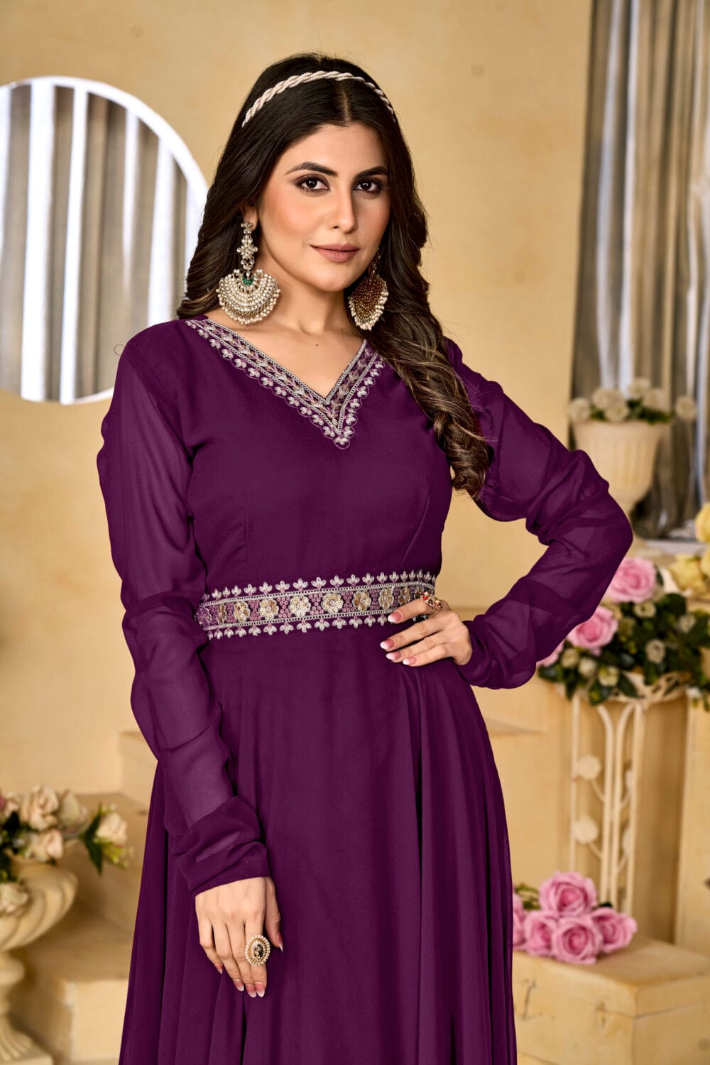 Georgette Wine Embroidered A-line Gown (1236)