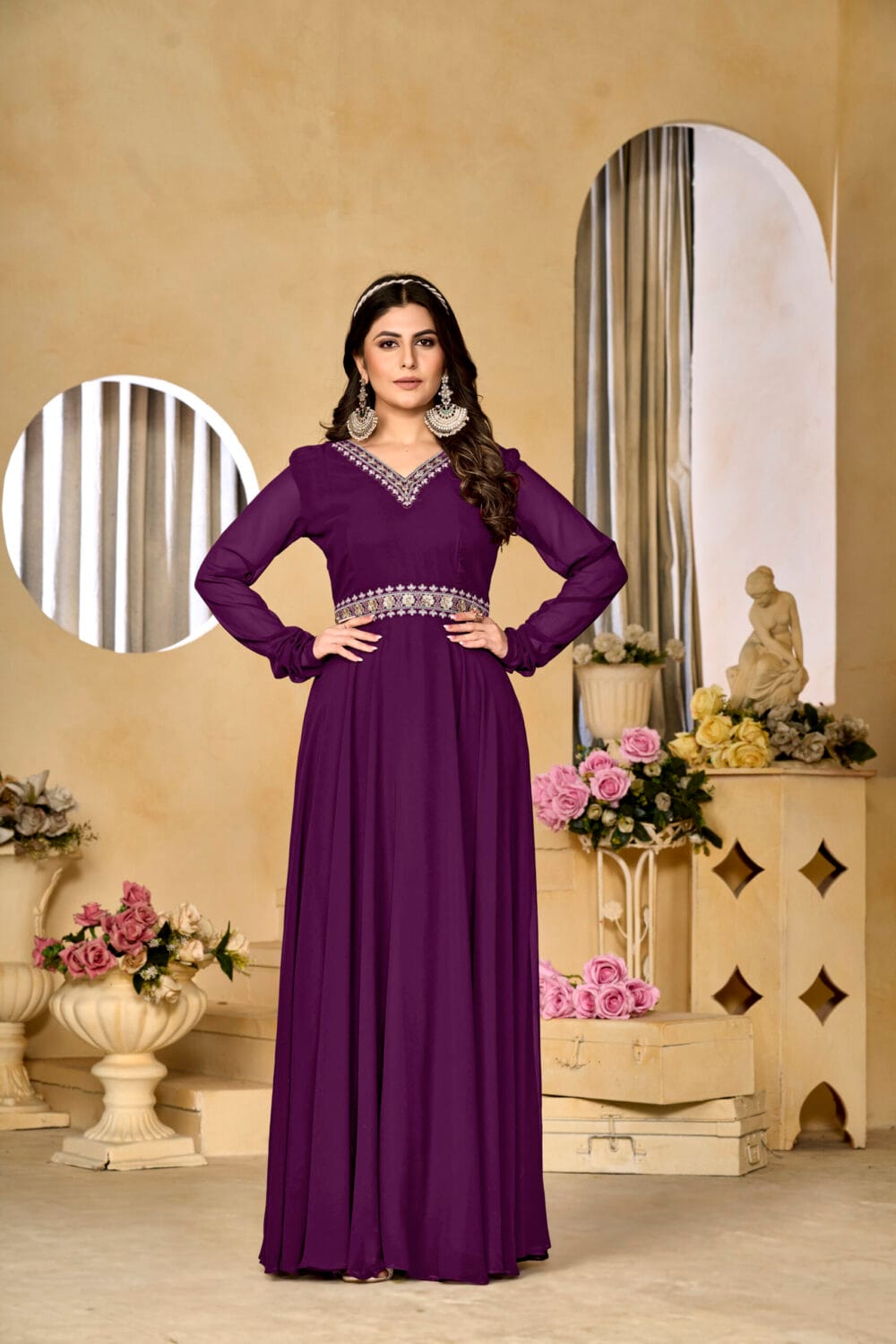 Georgette Wine Embroidered A-line Gown (1236)