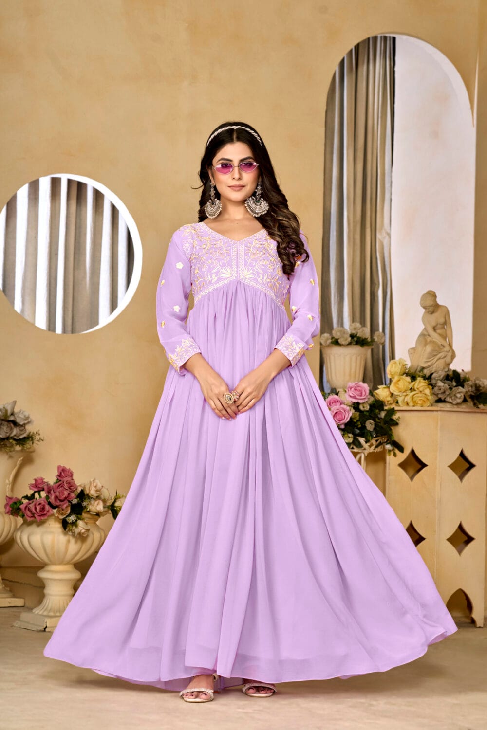 Georgette Wine Embroidered A-line Gown (1248)