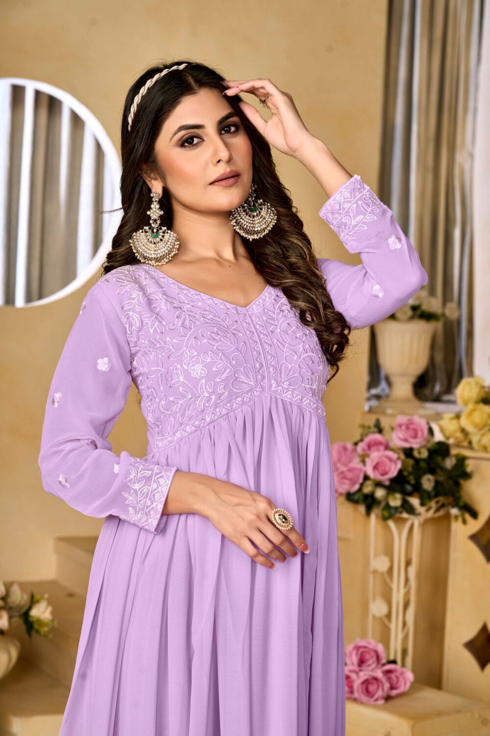 Georgette Wine Embroidered A-line Gown (1248)