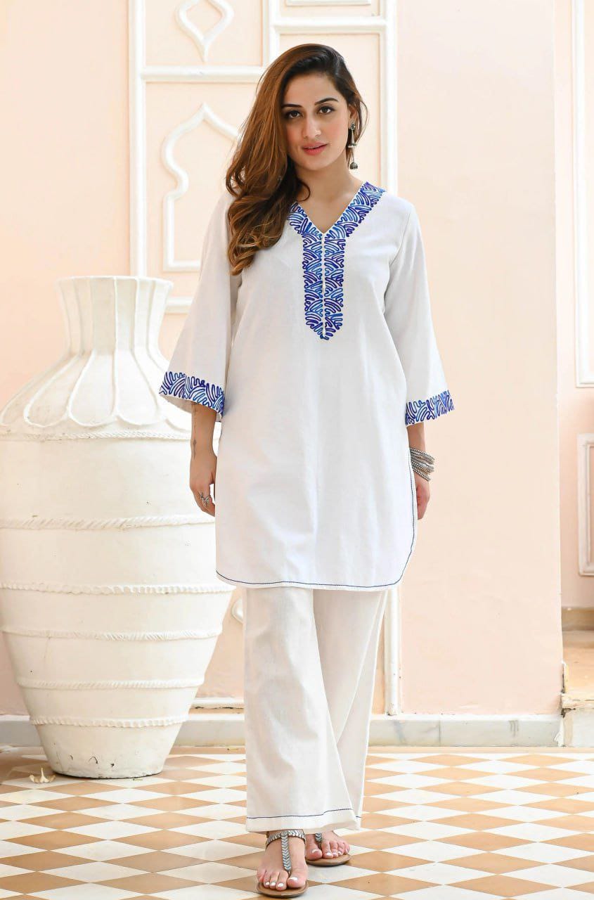 White Cotton  top And plazzo co ord set (1213)